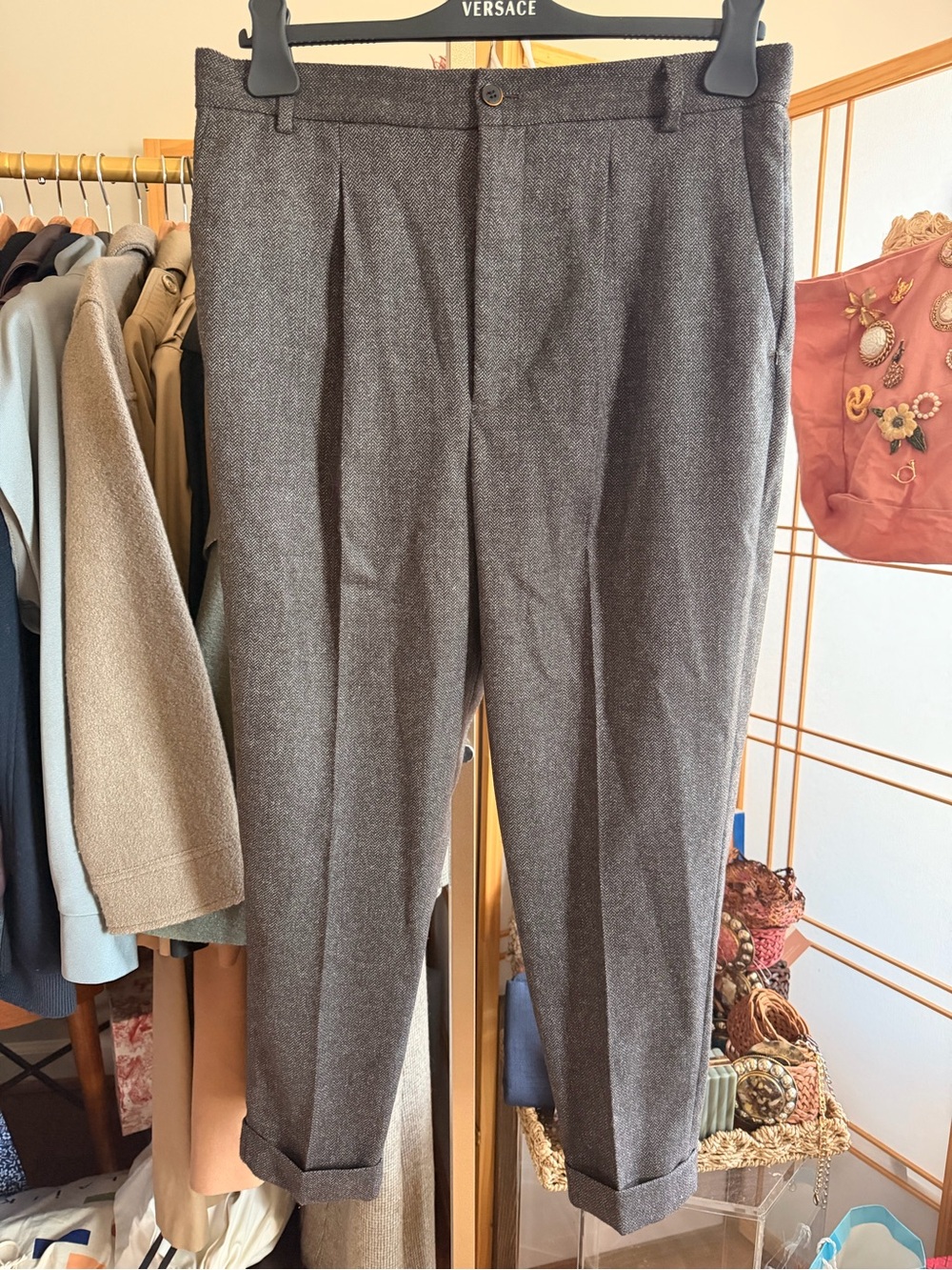 Zara Woman Herringbone Wool Blend Pleated Tapered Trousers Size L